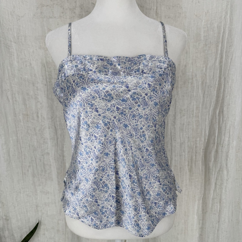 Vtg 90s Ditsy Floral Satin Slip Top M Boho Coastal Cottage Y2K Layering Silky